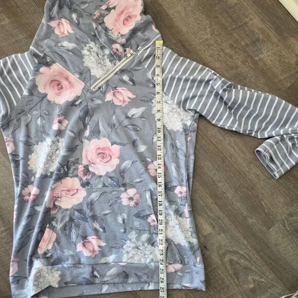 Michelle Mae Womens XL Floral Striped Lightweight Pullover Sweatshirt Cowl Neck - Picture 9 of 9